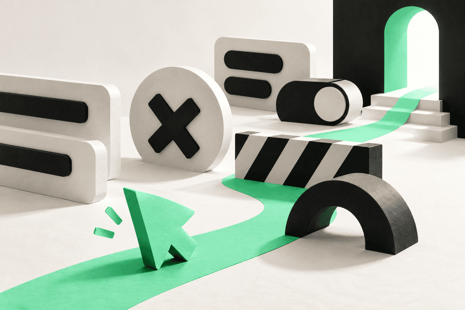 Mint-green cursor navigating a clear path through simplified website controls.