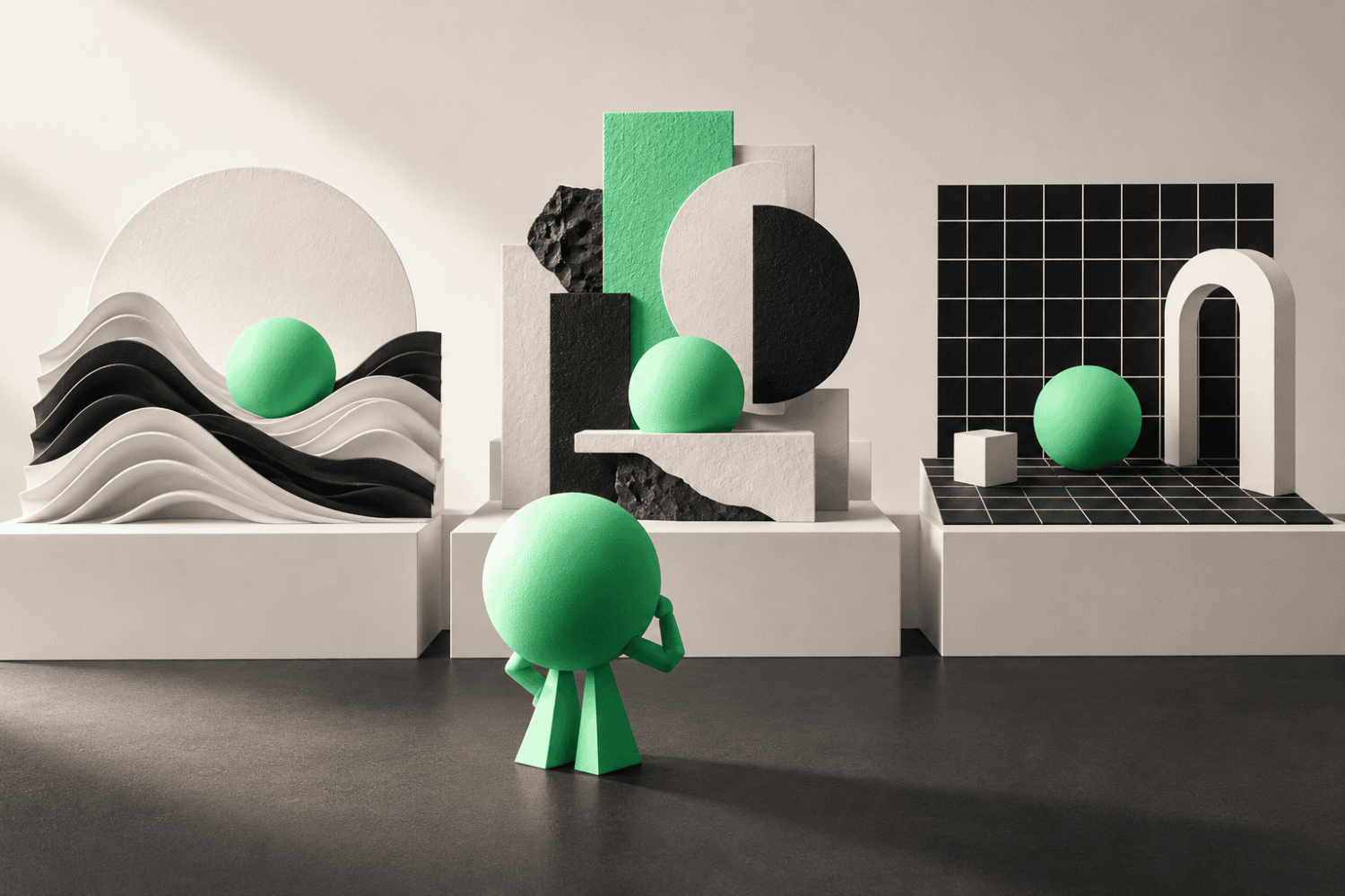 Three contrasting visual directions arranged around a consistent mint-green brand shape.