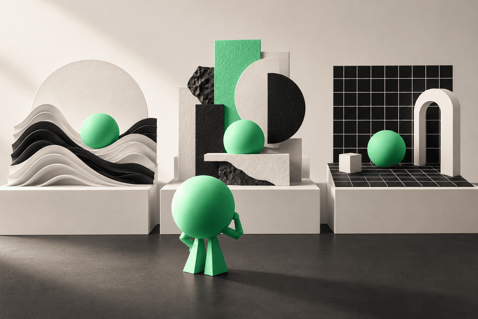 Three contrasting visual directions arranged around a consistent mint-green brand shape.
