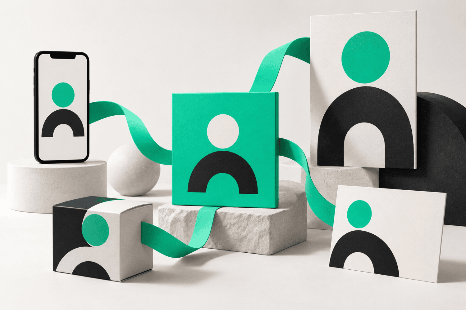 Modular brand elements connecting a website, social content, packaging, and sales materials.