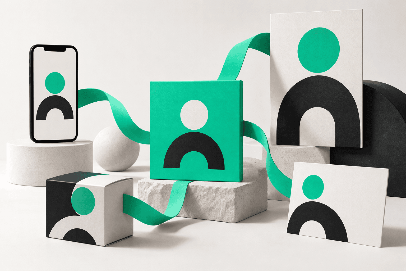 Modular brand elements connecting a website, social content, packaging, and sales materials.