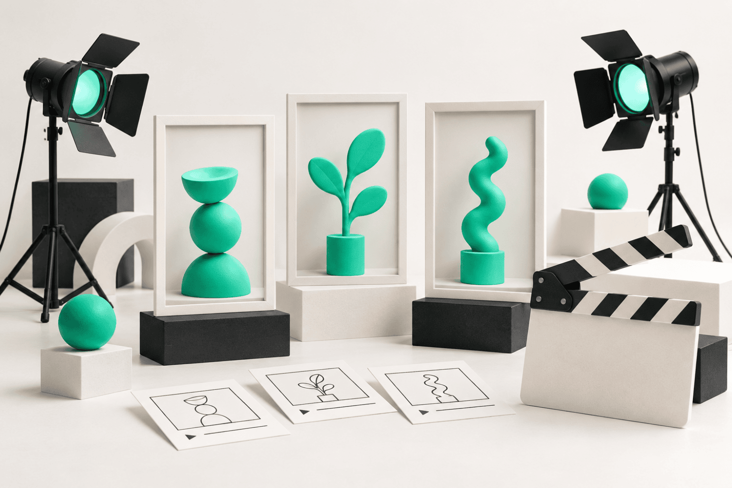 Portrait video frames, storyboard tiles, and studio lights arranged as a short-form production system.