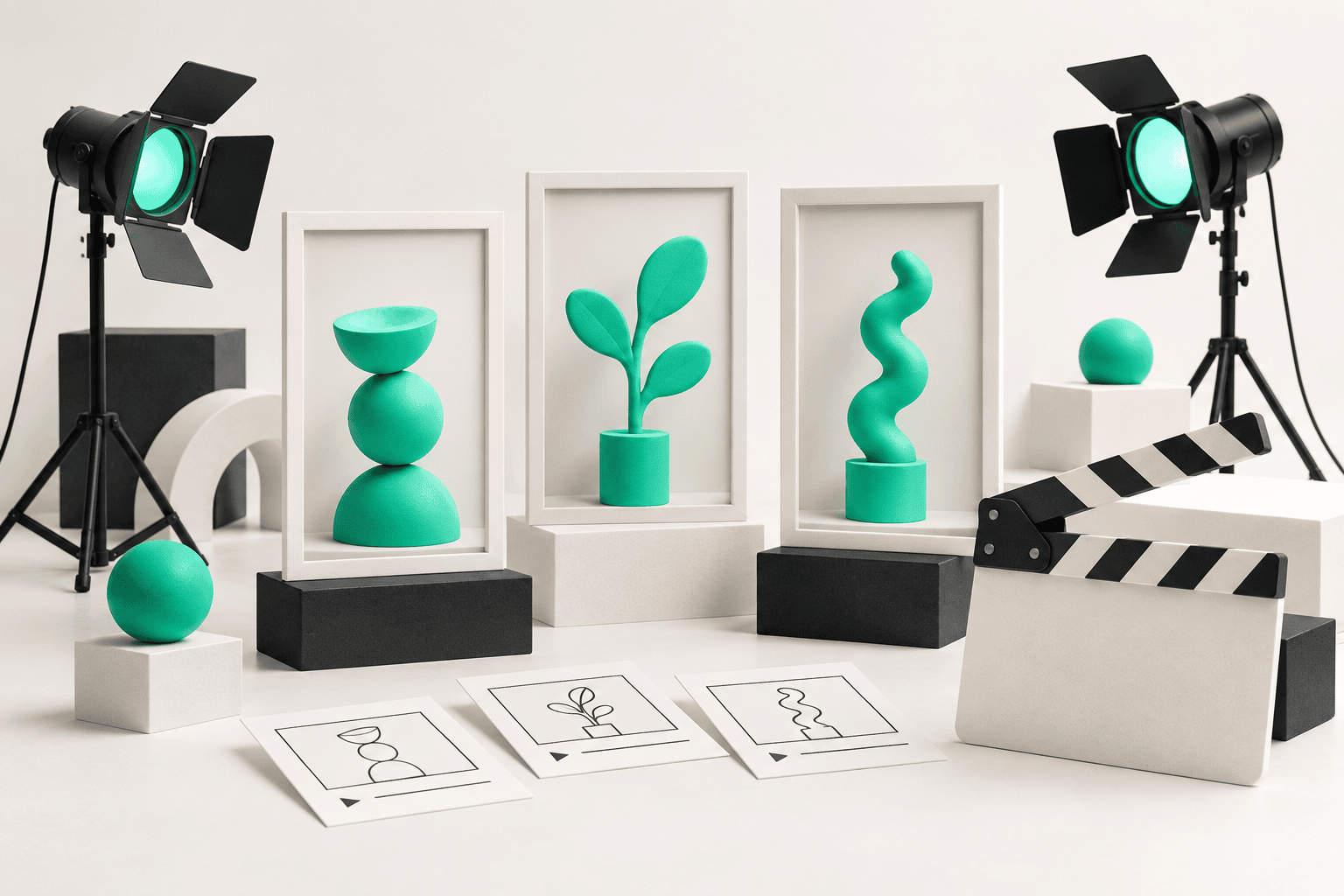 Portrait video frames, storyboard tiles, and studio lights arranged as a short-form production system.