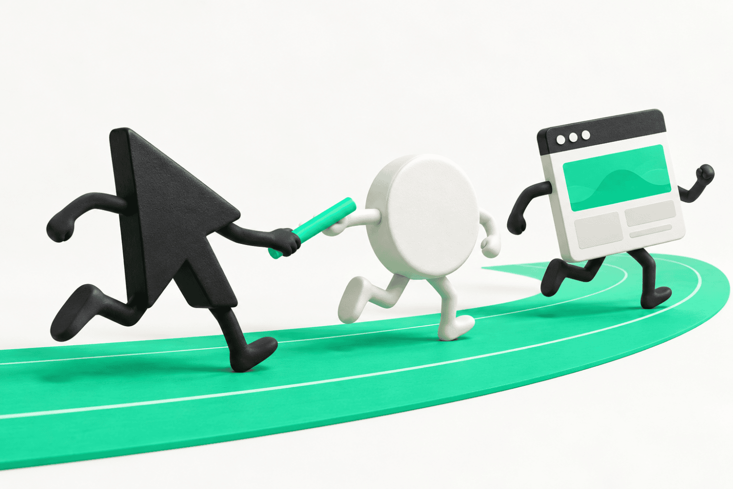 A cursor, button, and browser card illustrating the path from a website interaction to a visible response.