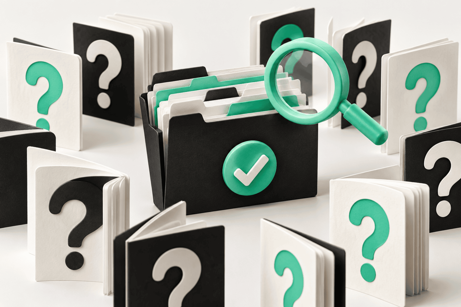Question cards and an evidence folder showing how useful brand content answers customer questions.