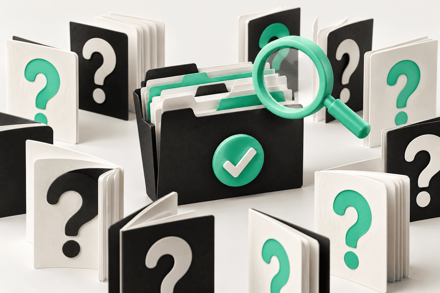 Question cards and an evidence folder showing how useful brand content answers customer questions.