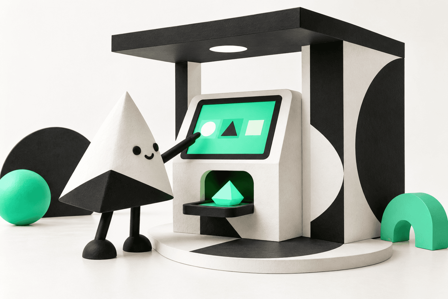 An illustrated interactive booth where a touchscreen choice becomes a printed keepsake.