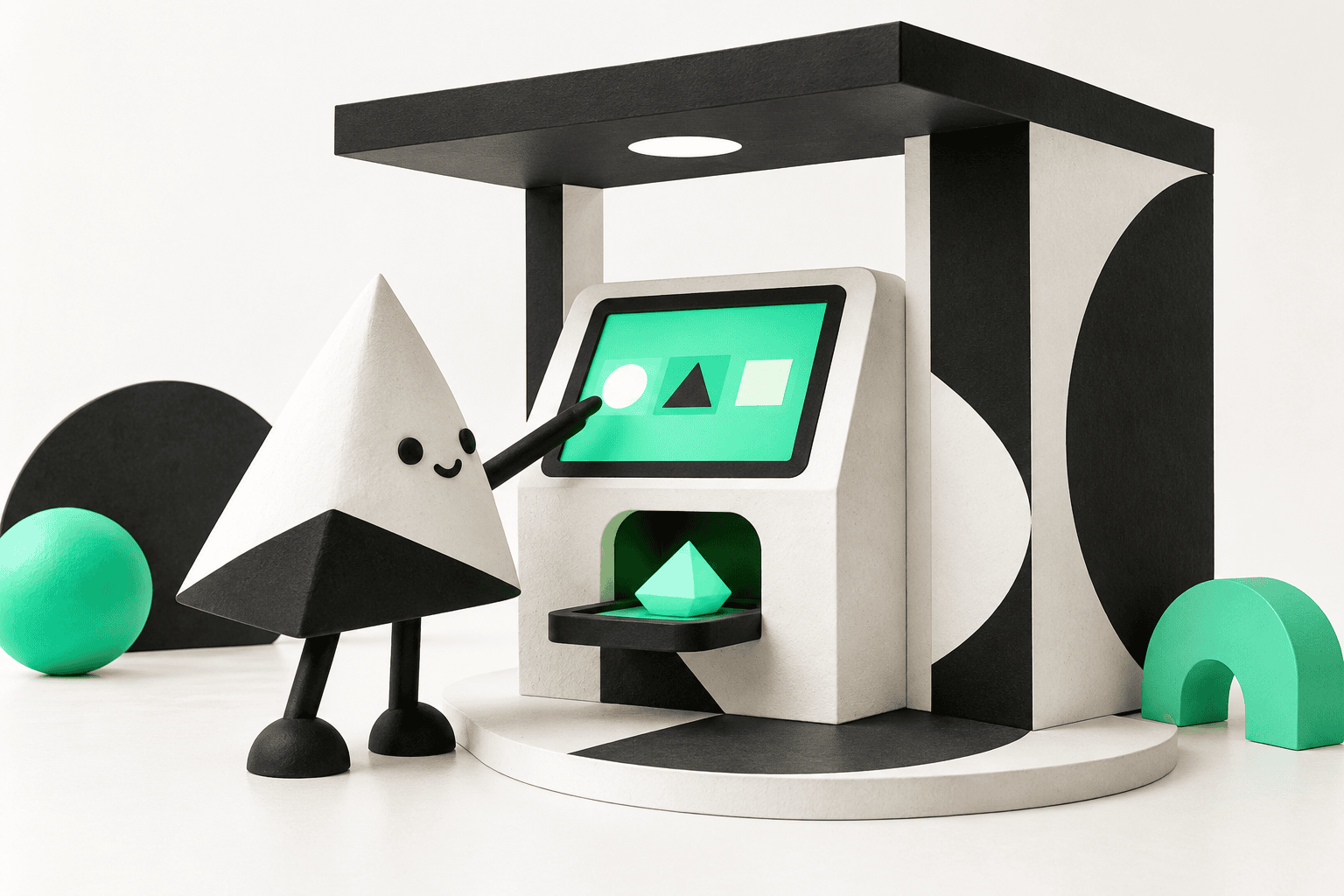 An illustrated interactive booth where a touchscreen choice becomes a printed keepsake.
