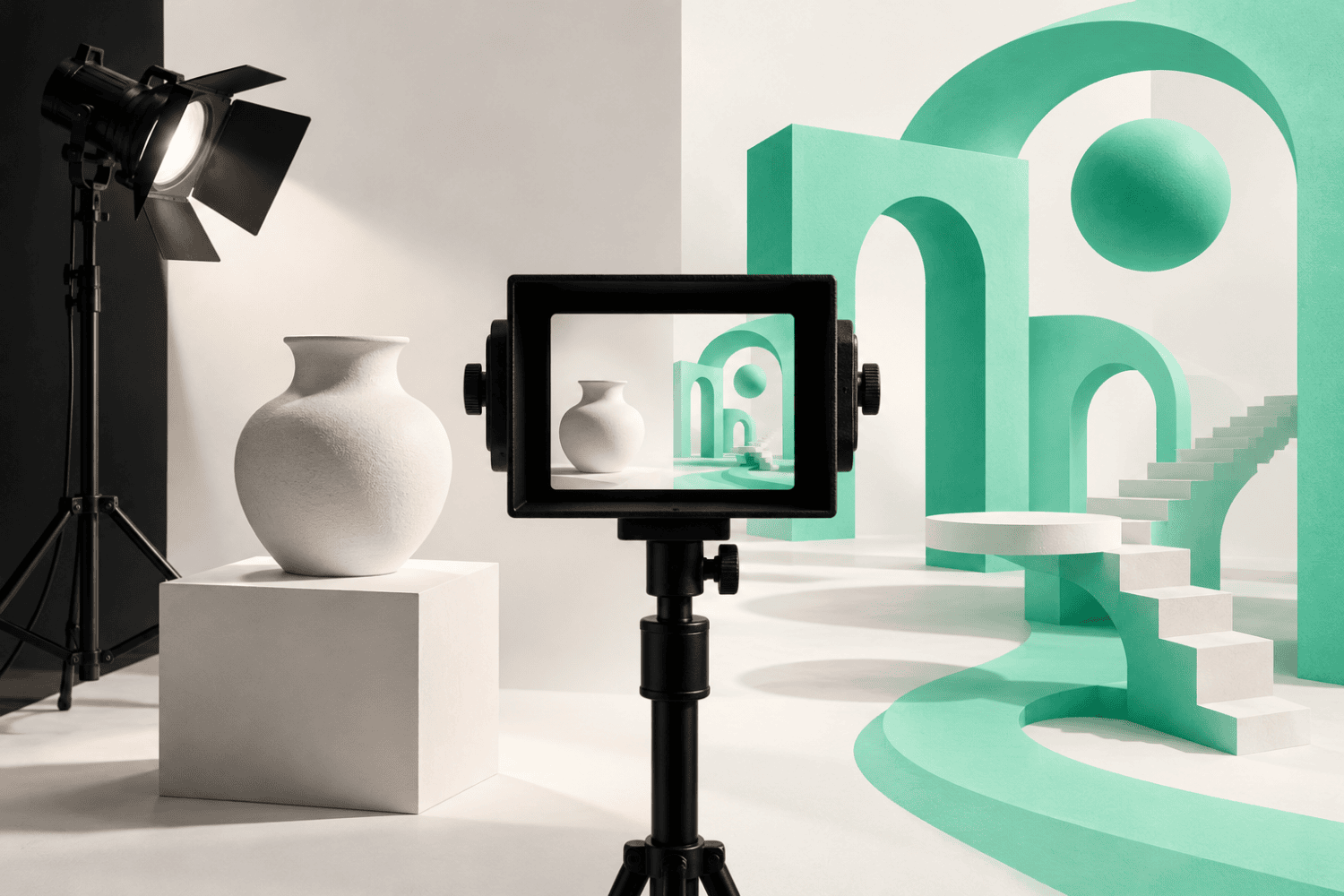 A studio product setup beside an imaginative illustrated environment, representing photography and AI-assisted creative options.
