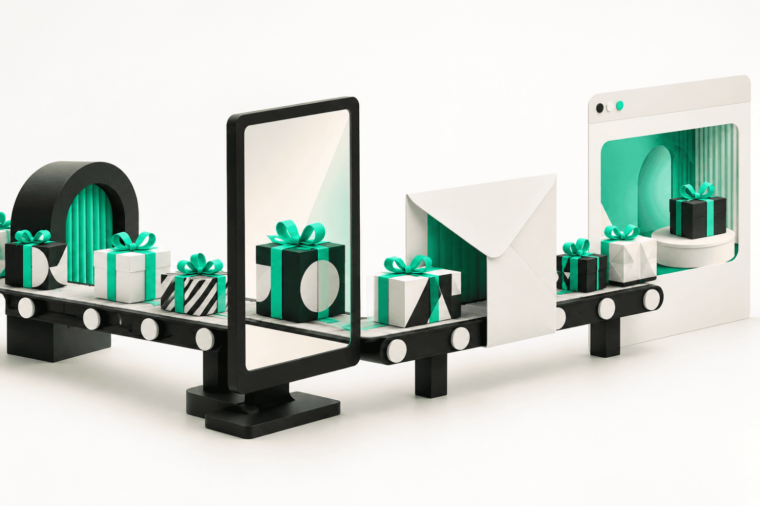 Modular holiday graphics adapting across a mobile ad, email, and landing page.