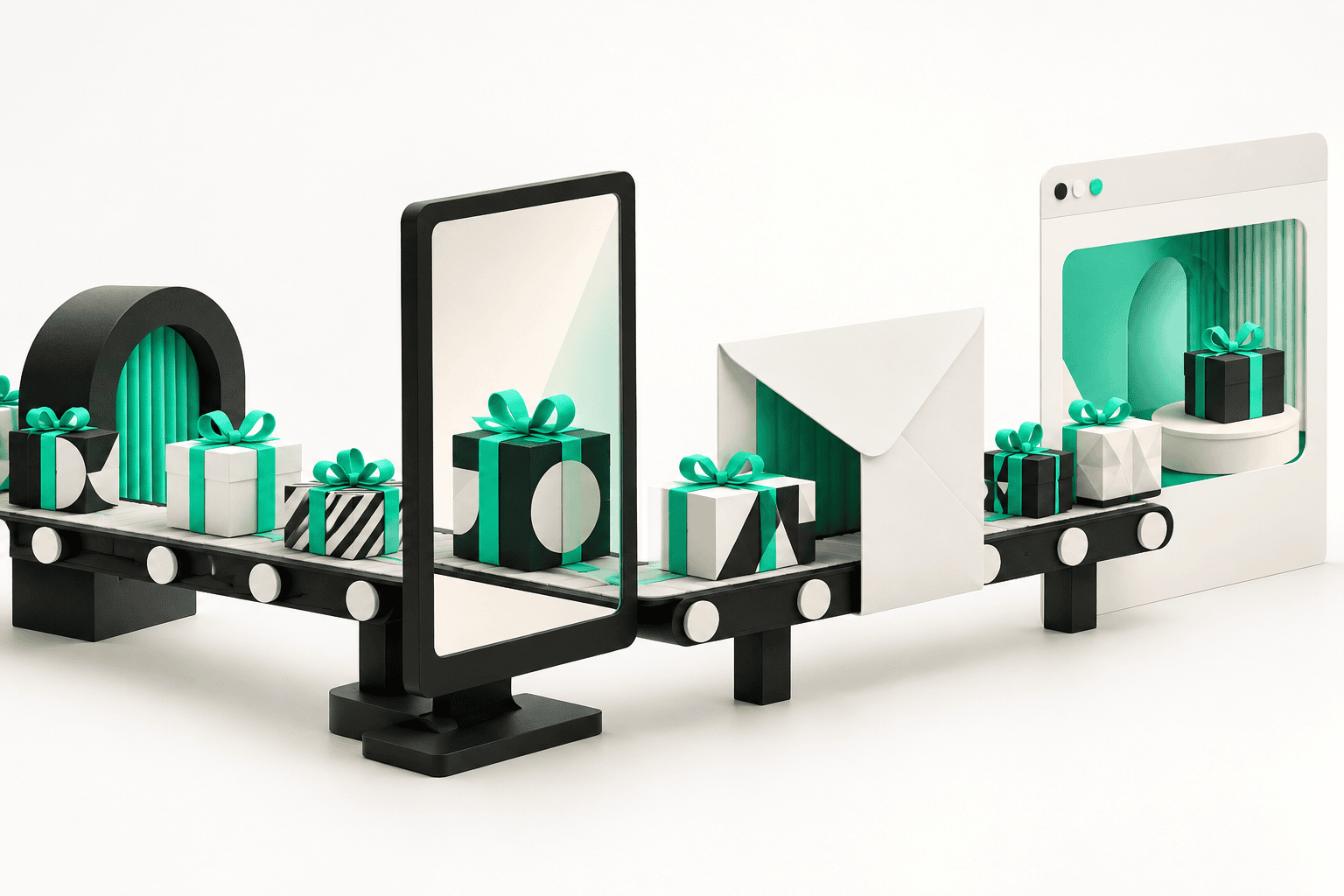 Modular holiday graphics adapting across a mobile ad, email, and landing page.