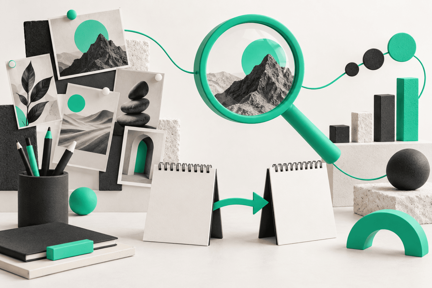 Creative assets, planning cards, and a magnifying lens arranged for a new-year measurement plan.
