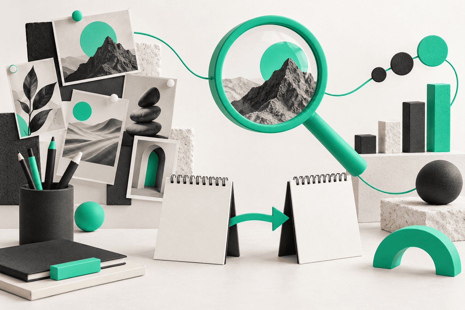 Creative assets, planning cards, and a magnifying lens arranged for a new-year measurement plan.