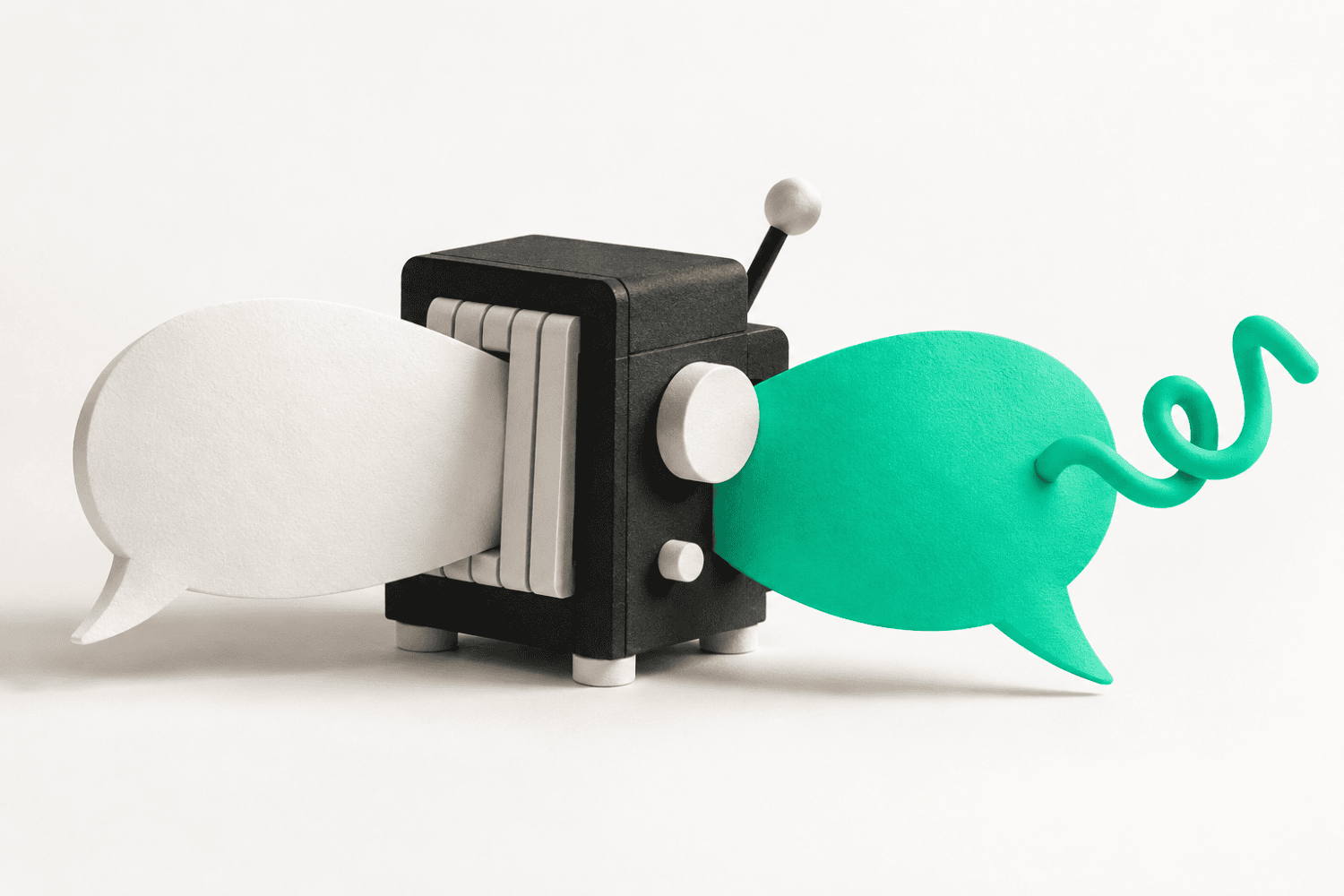 A distinctive speech bubble emerging from a playful editing machine, representing human review of AI-assisted brand content.