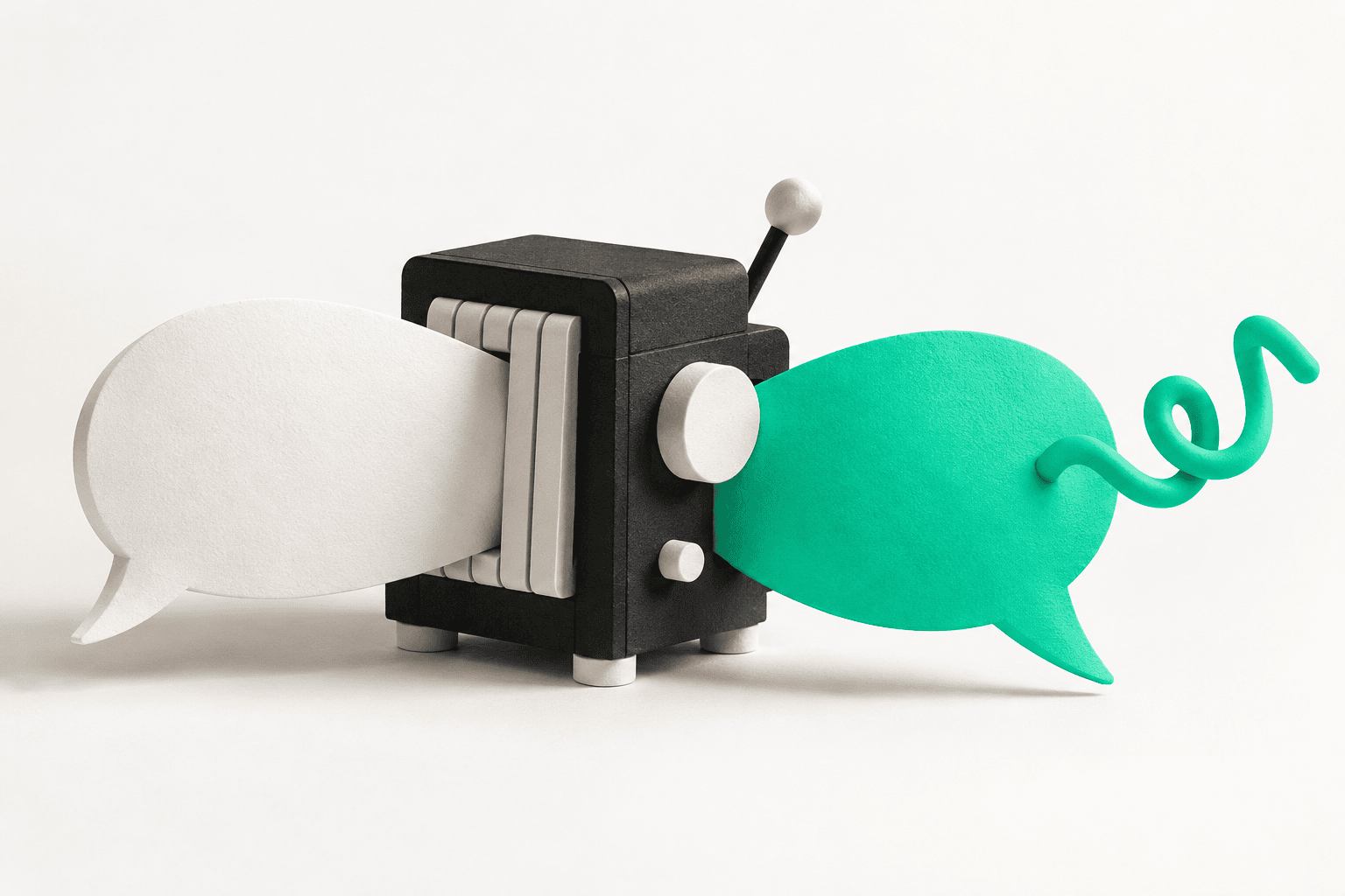 A distinctive speech bubble emerging from a playful editing machine, representing human review of AI-assisted brand content.