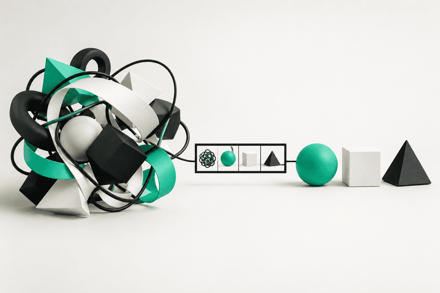 A tangled mechanism becoming a clear three-step sequence, illustrating how motion design explains complex products.