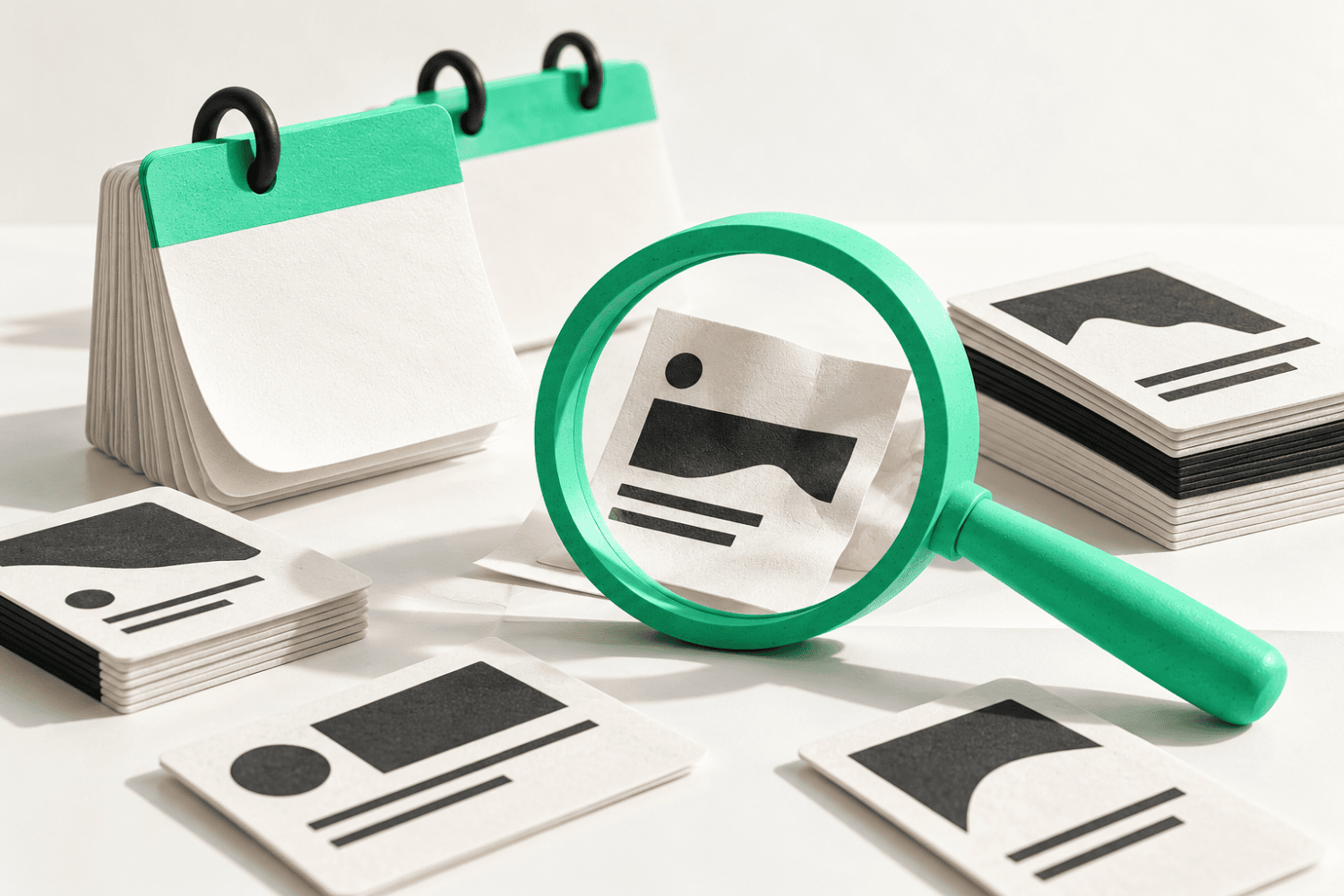 Website content cards being checked against a review calendar, representing page ownership and content maintenance.