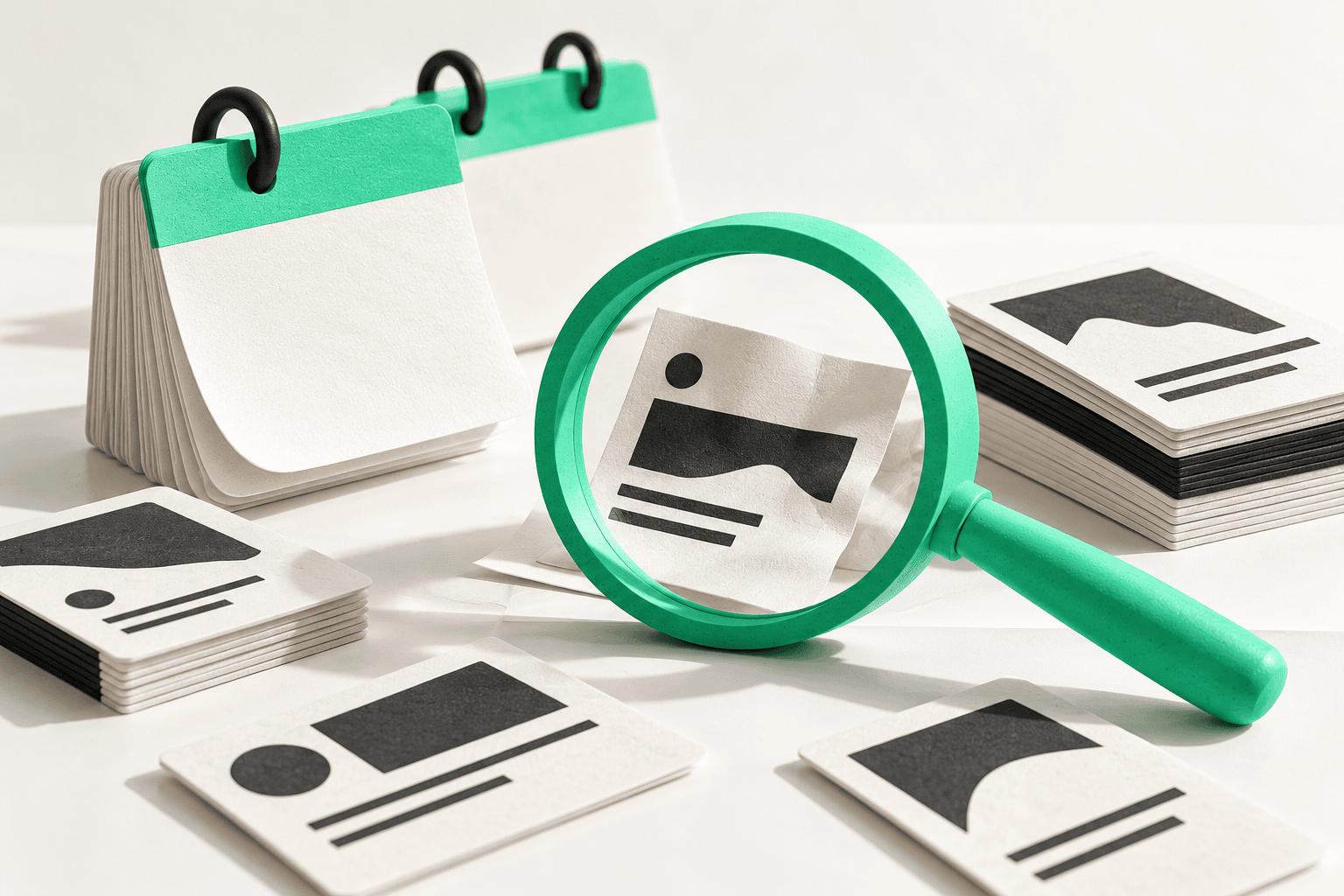 Website content cards being checked against a review calendar, representing page ownership and content maintenance.