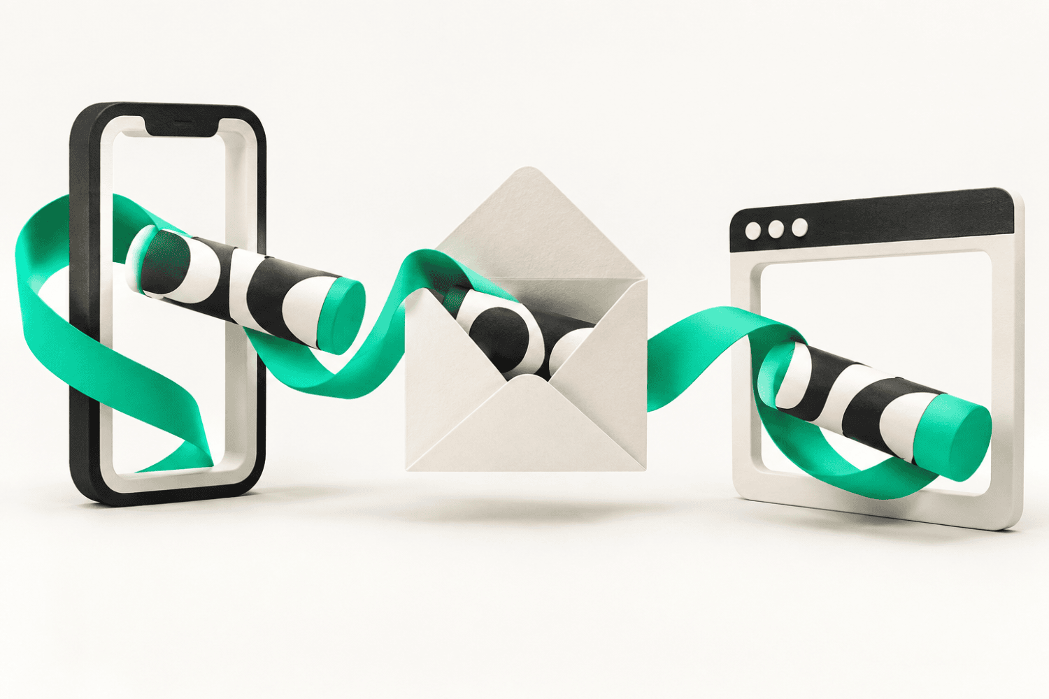 A patterned relay baton moving between web, email and mobile shapes, representing a consistent campaign handoff.