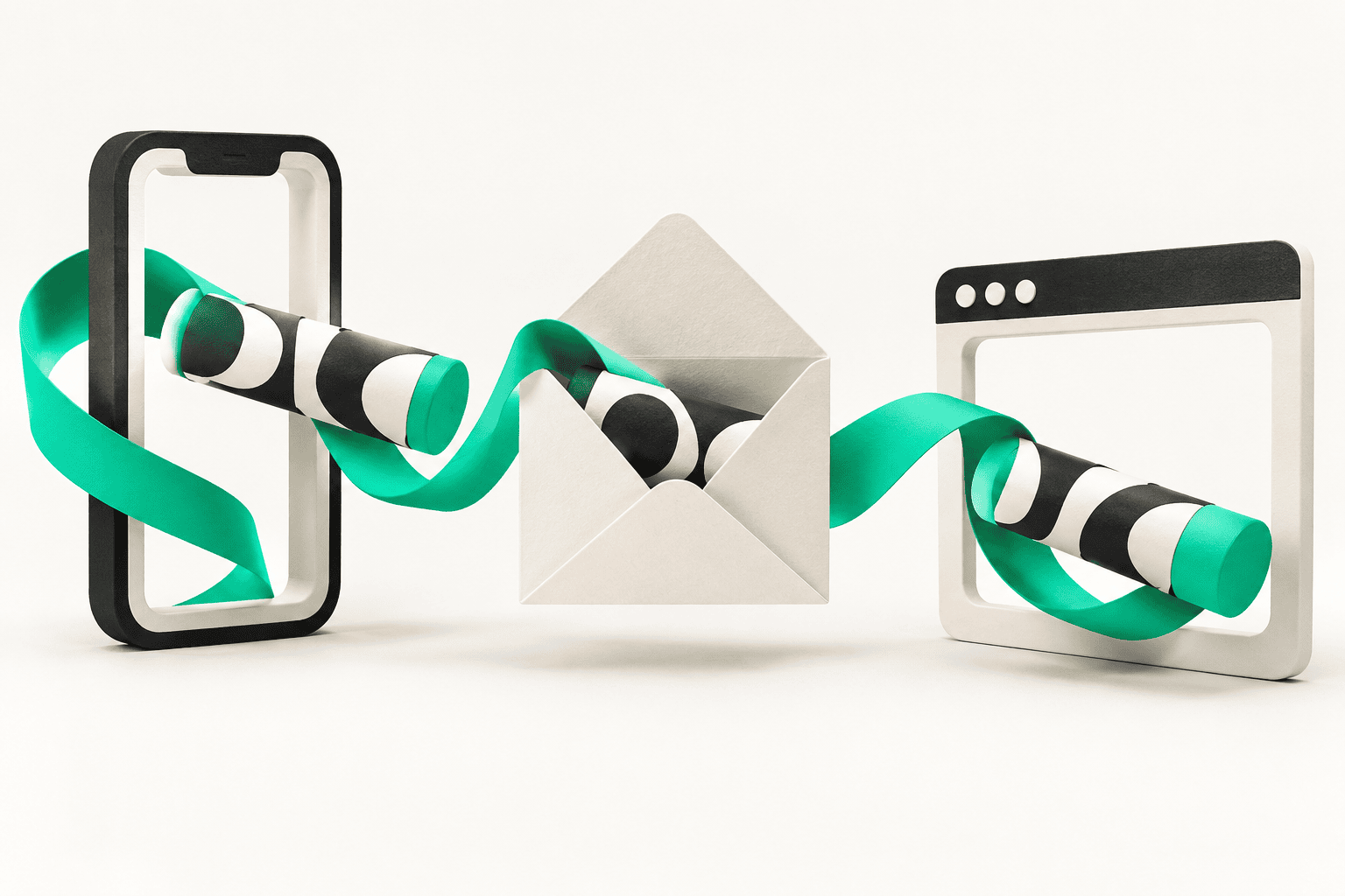 A patterned relay baton moving between web, email and mobile shapes, representing a consistent campaign handoff.