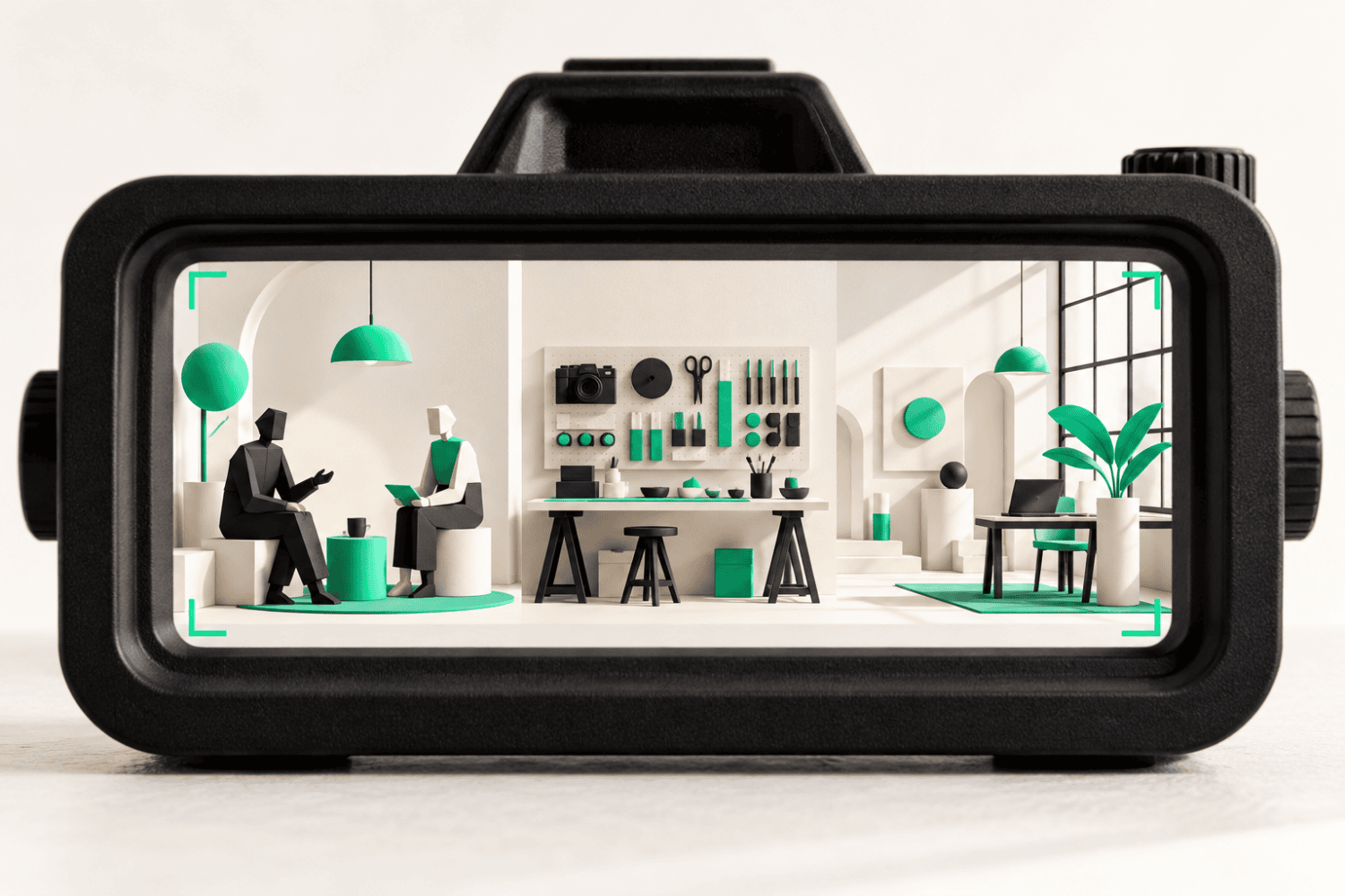 A camera viewfinder framing people, process and workplace details for a professional-services brand photography plan.