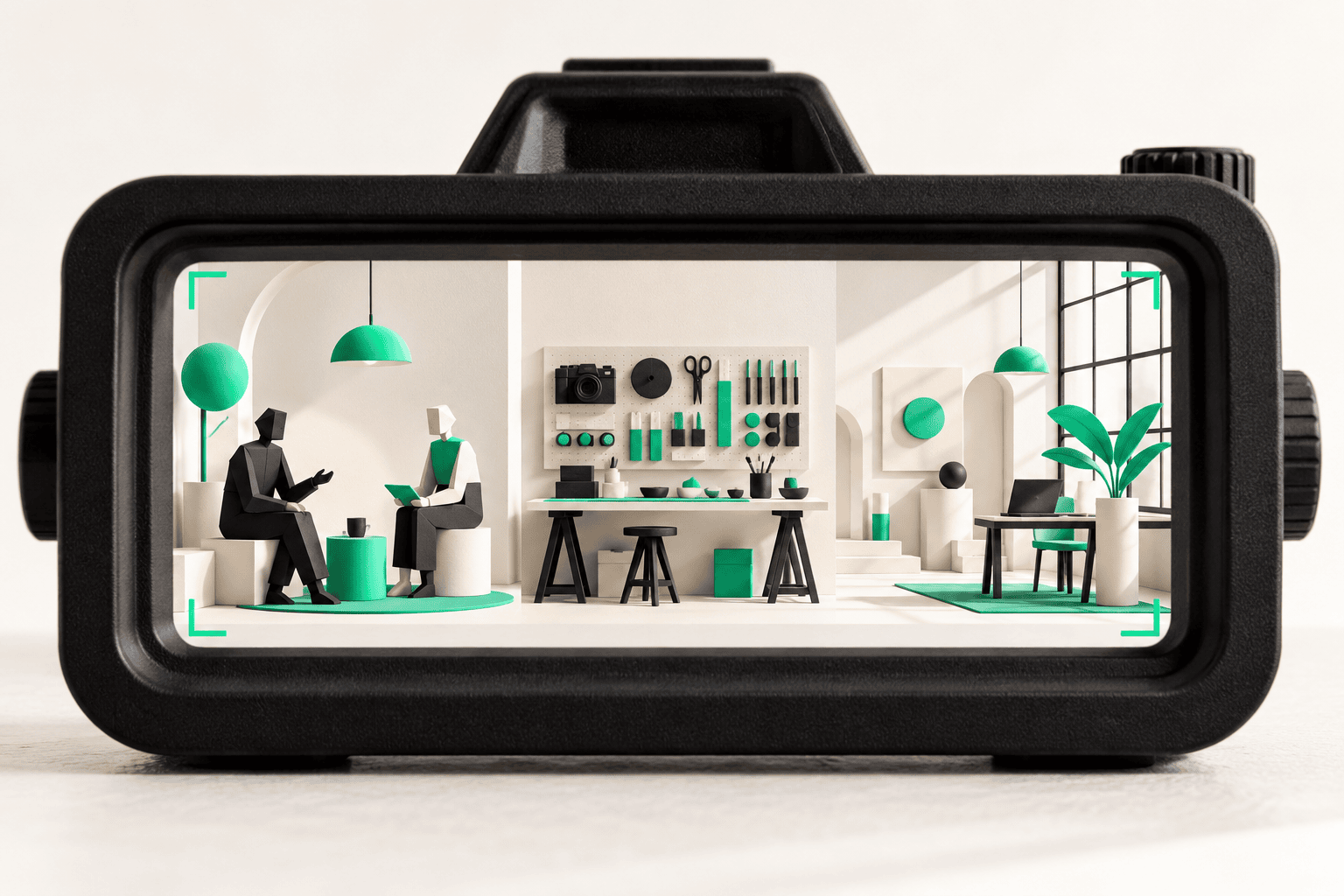 A camera viewfinder framing people, process and workplace details for a professional-services brand photography plan.