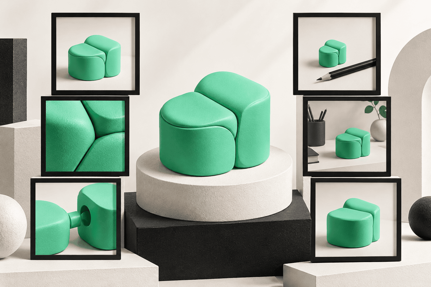 An unbranded product surrounded by images of its scale, details and use, illustrating an informative ecommerce story.