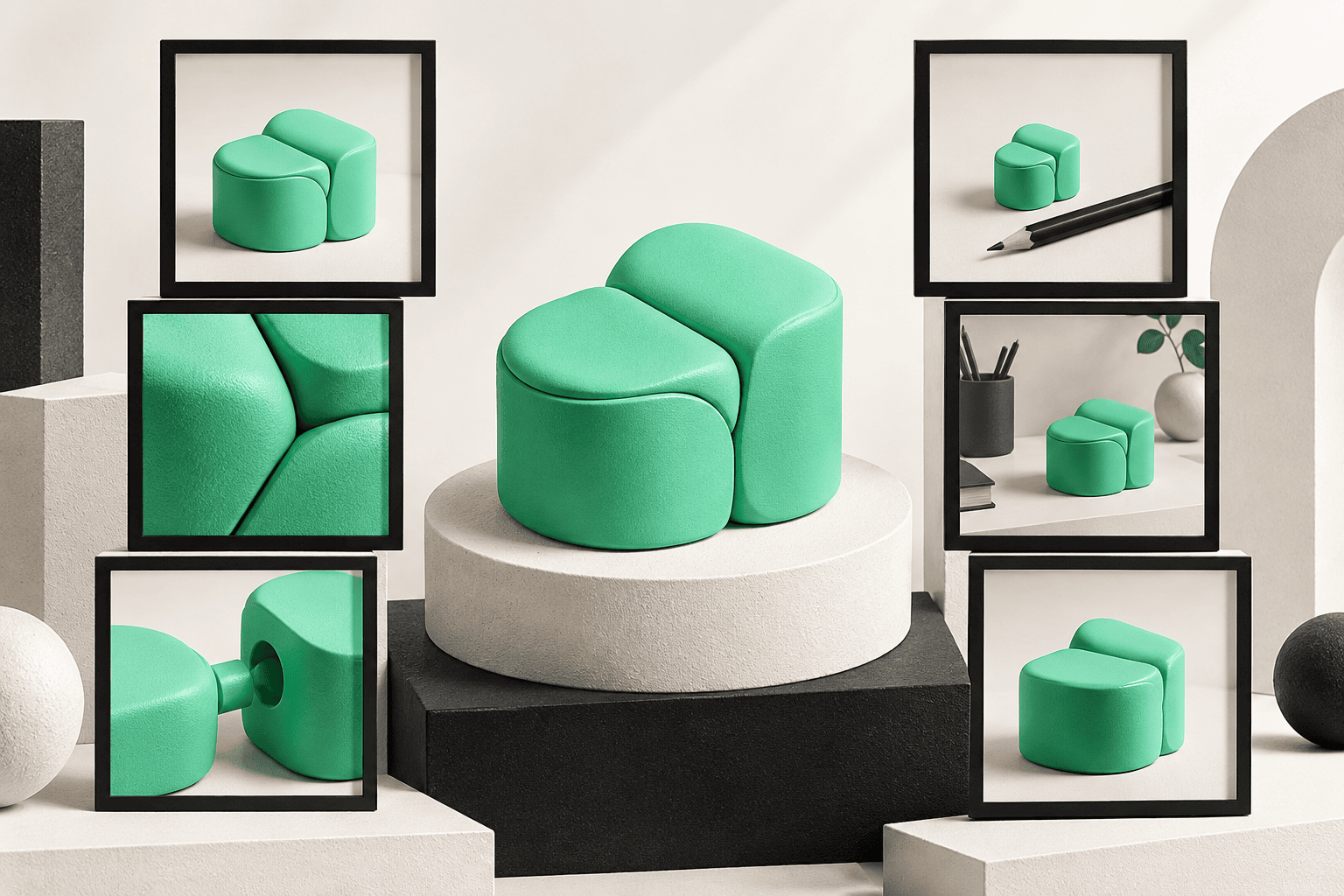 An unbranded product surrounded by images of its scale, details and use, illustrating an informative ecommerce story.