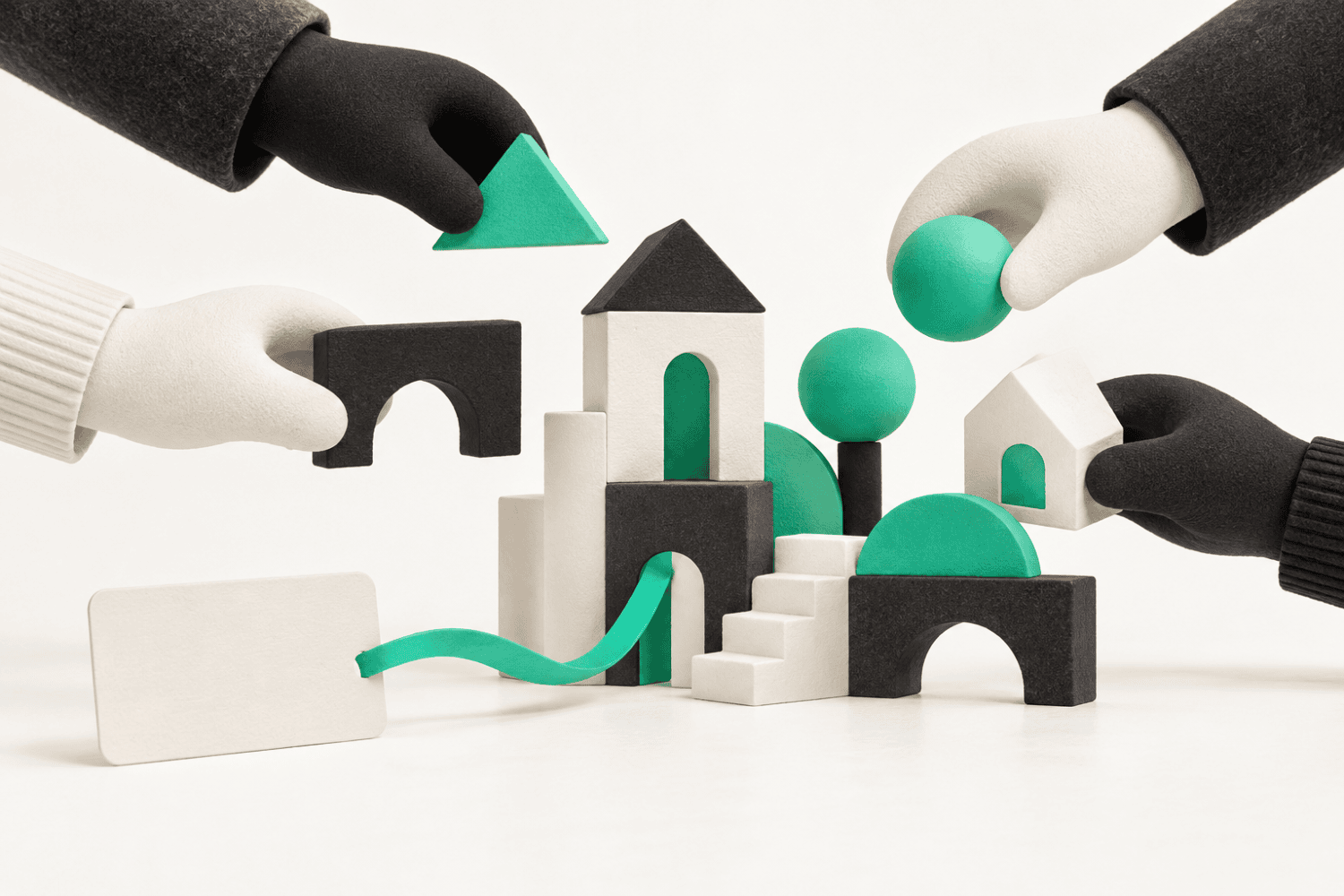 Different hands contributing pieces to a shared community structure, representing thoughtful fundraising and collective support.