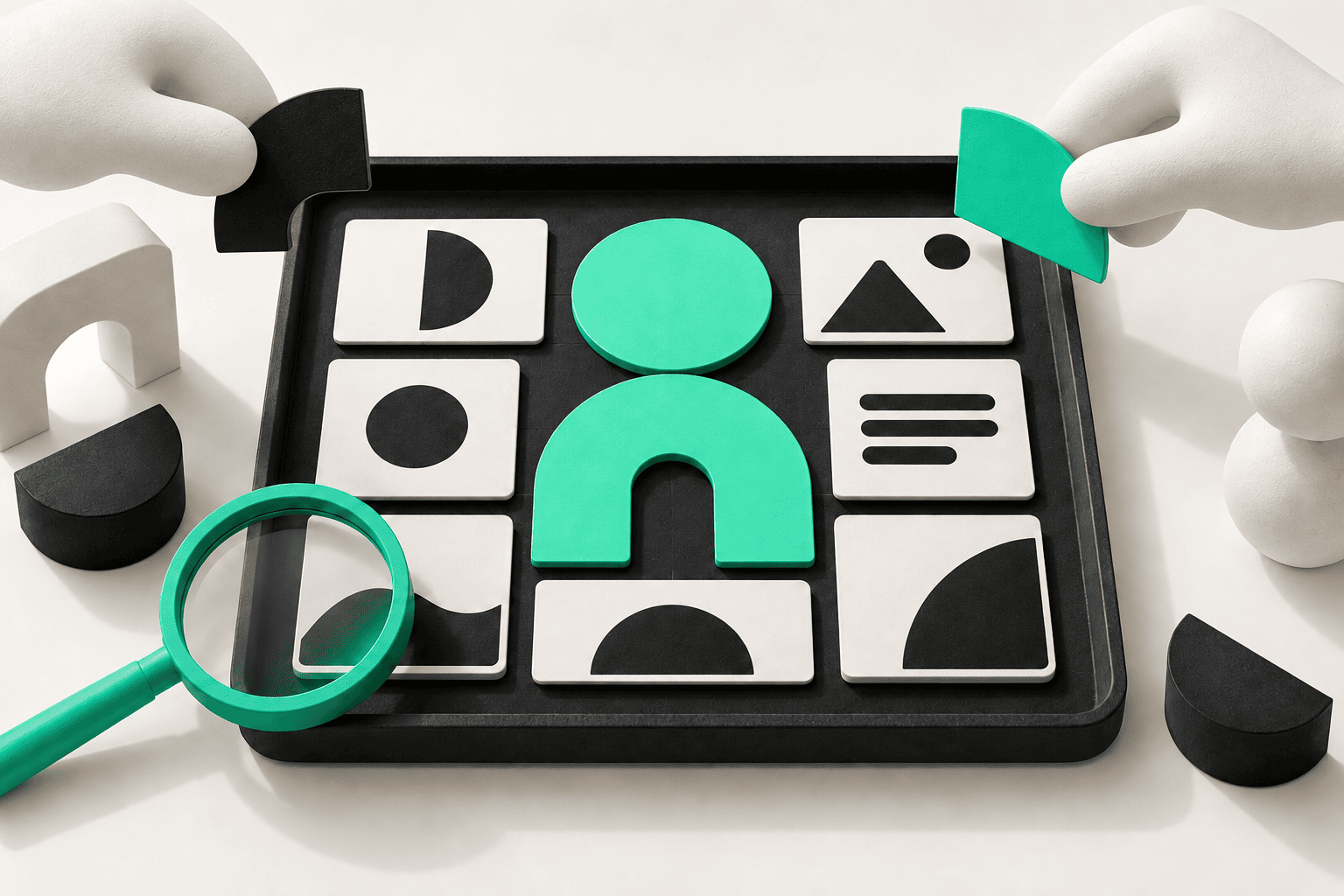 Brand touchpoint cards aligning around a shared visual core during a year-end consistency audit.