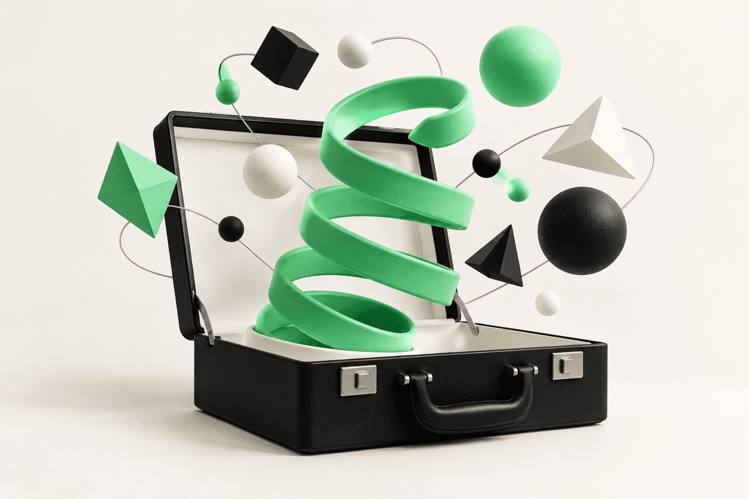 Mint-green spring sculpture emerging from a black-and-white briefcase.
