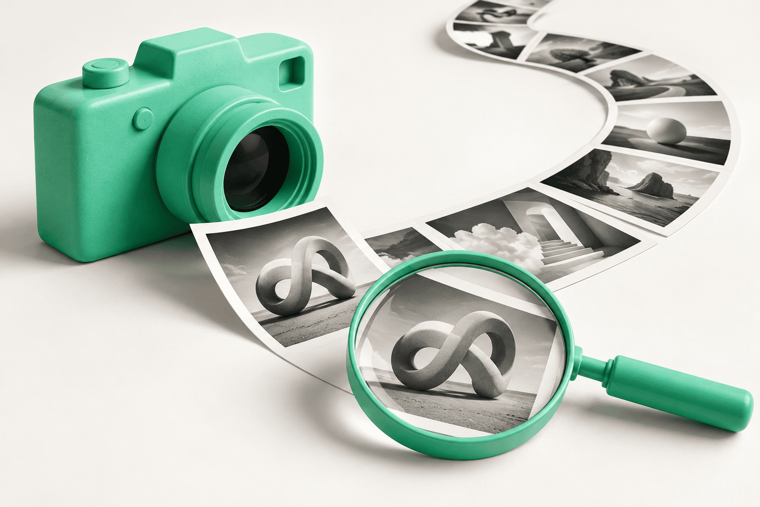 Imaginary mint camera beside image cards and a magnifying glass.