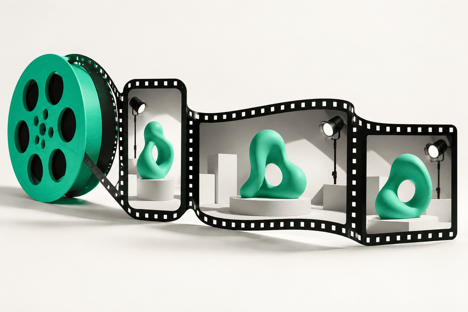 Mint film reel branching into vertical, wide and square video frames.