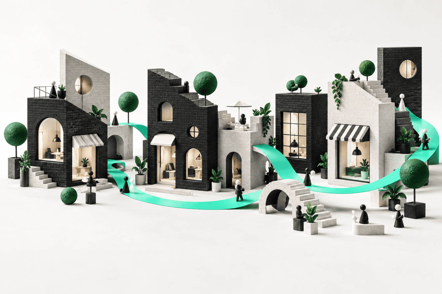 Mint ribbon connecting a stylized neighborhood of distinct black-and-white buildings.
