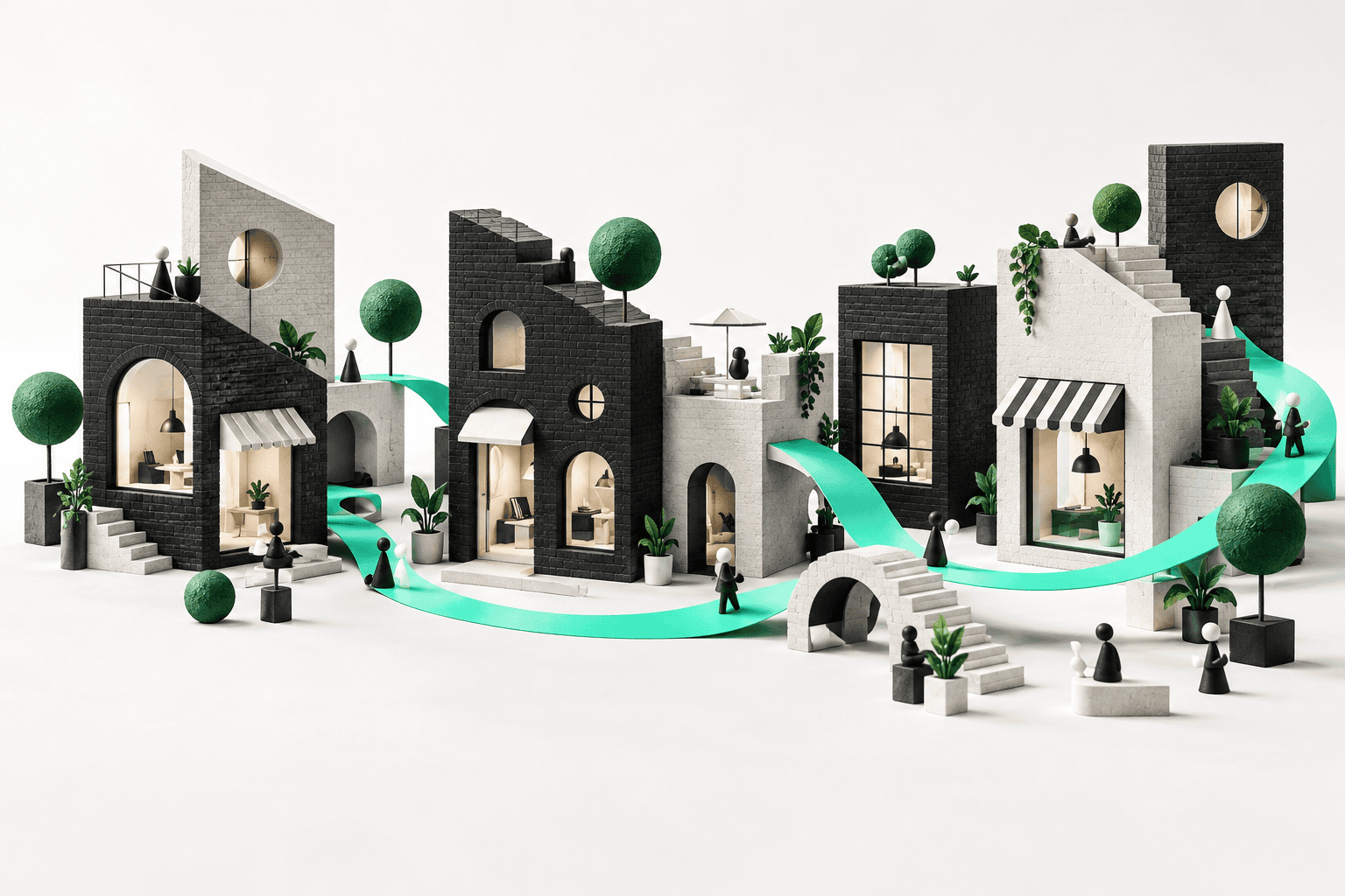 Mint ribbon connecting a stylized neighborhood of distinct black-and-white buildings.