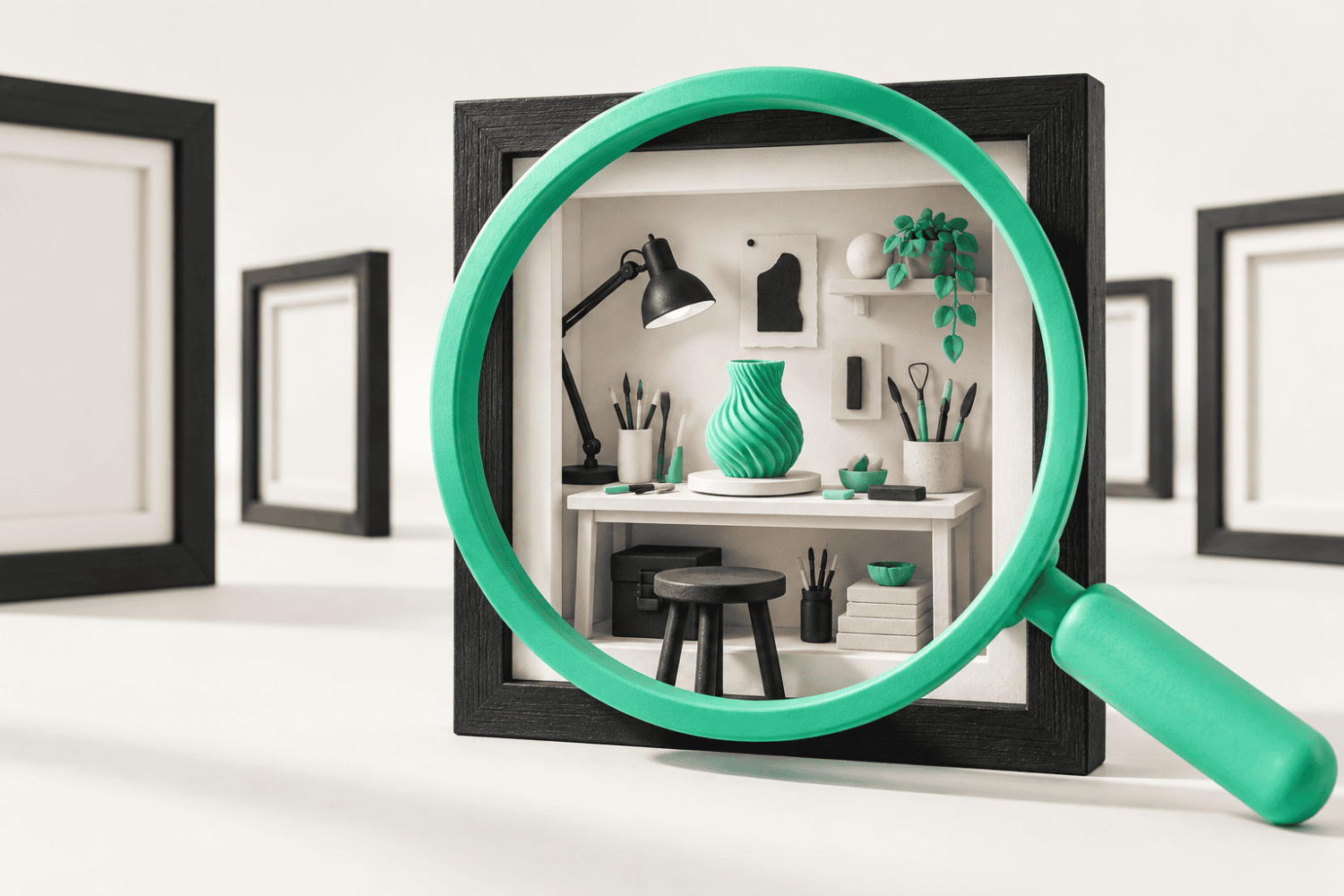 Mint magnifying glass revealing useful detail inside a simplified image frame.