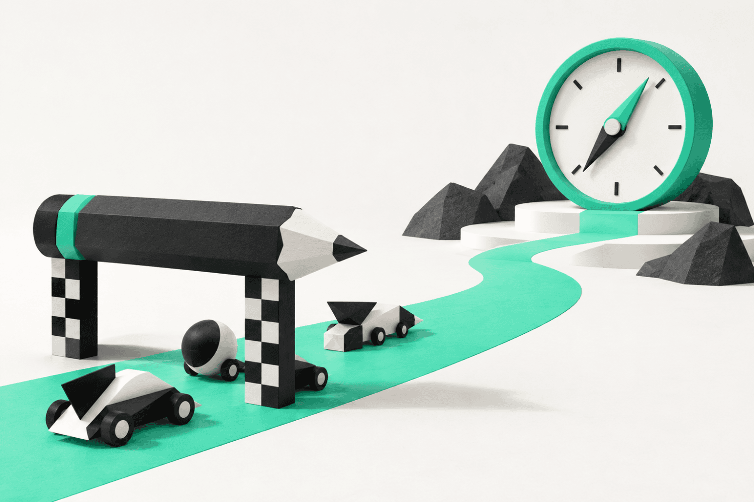 Mint compass guiding small geometric forms along a single clear path.